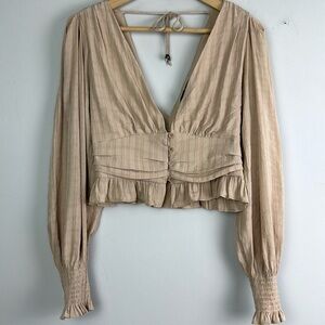 HYFVE Nordstrom Size M Long Sleeve Blouse Beige Deep V-Neck Romantic Puff Sleeve